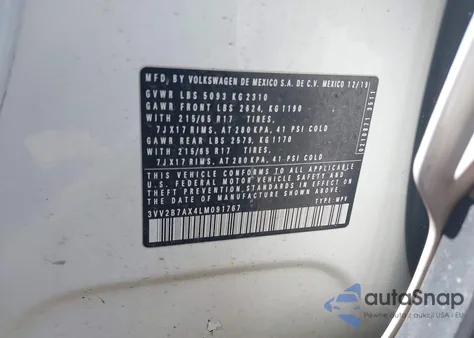 2020 Volkswagen Tiguan 2.0T Se/2.0T Se R-Line Black/2.0T Sel из США, поврежденный, VIN 3VV2B7AX4LM091767